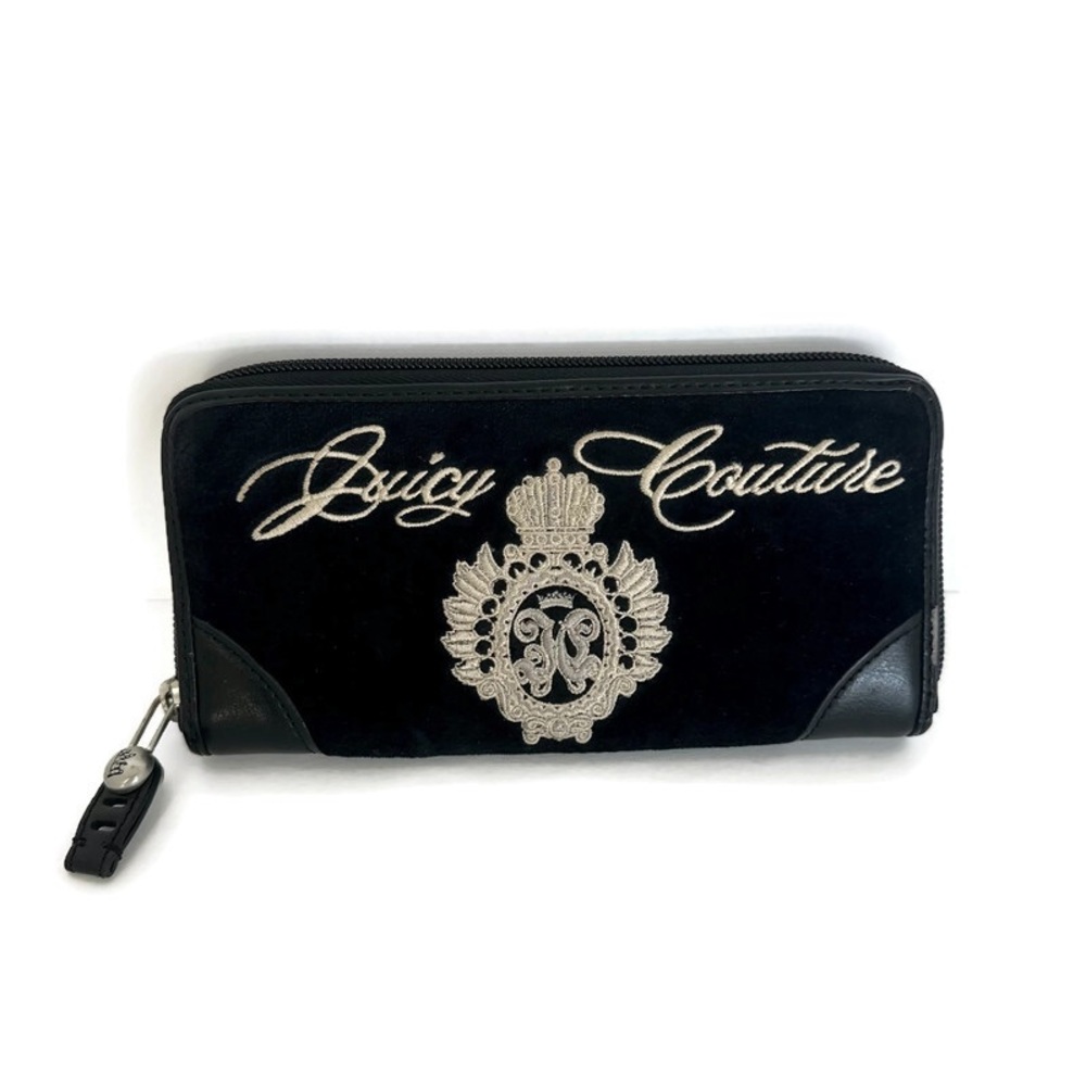 Authentic Y2K Vintage Juicy Couture Black Velour Zip Around Wallet Embroidered